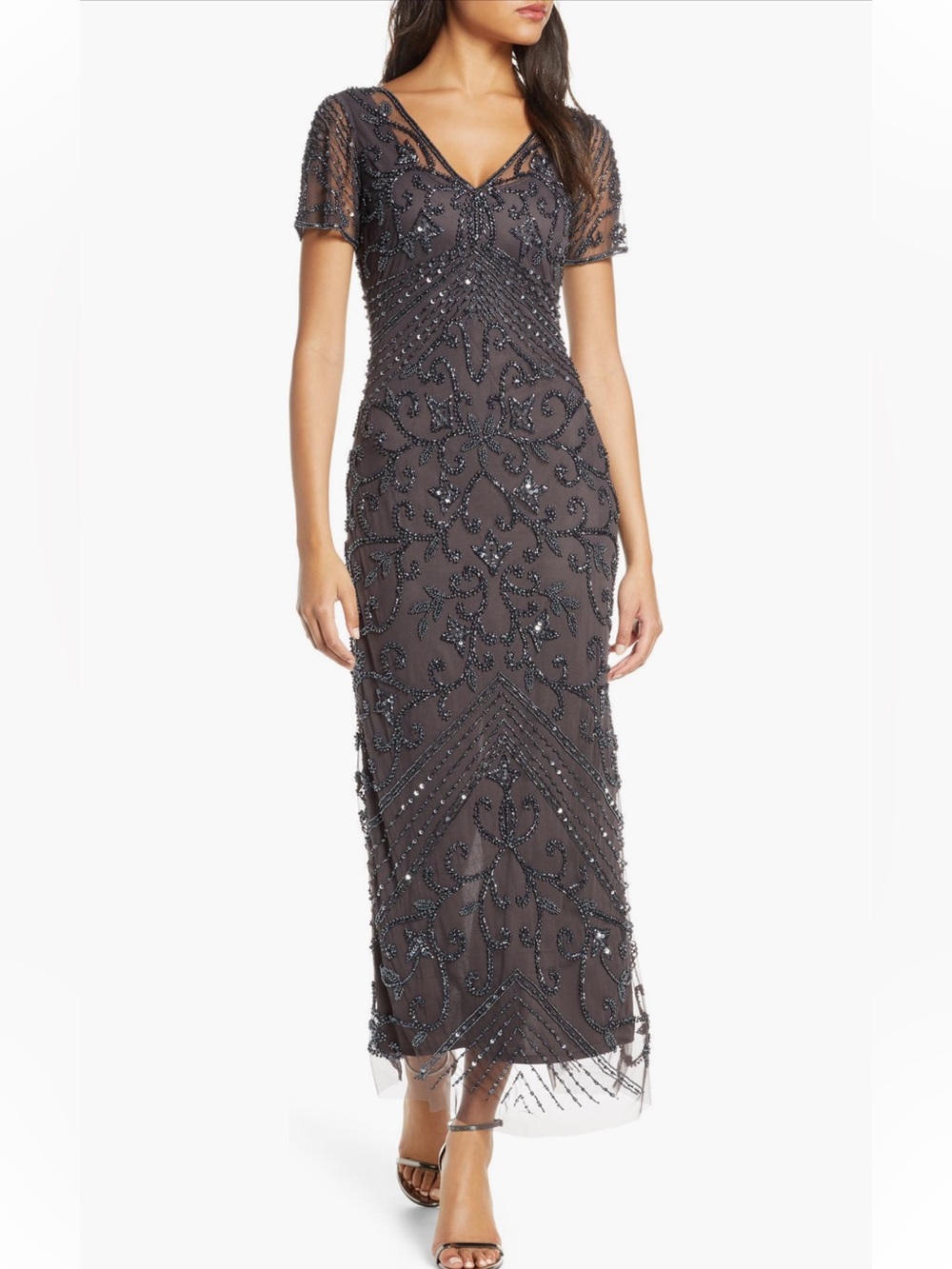 NWOT Pisarro Nights Beaded Mesh Column Gown in Slate Size 16